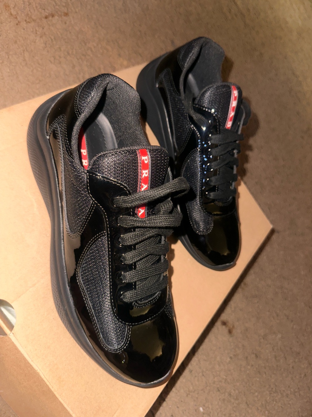 Prada Black Low-Top Sneakers with Red Logo Trim - Picture 3 of 5